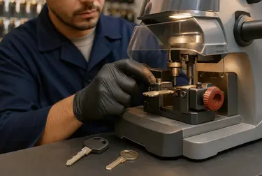 Chaveiro utilizando máquina para copiar chave em Tatuí.